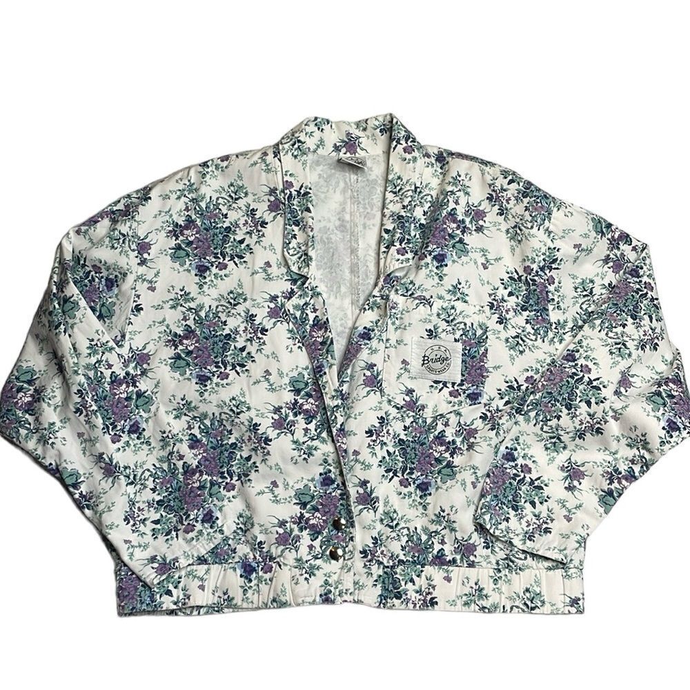90s Vintage Floral White Cropped Denim Jacket Bridge Sports Wear Large